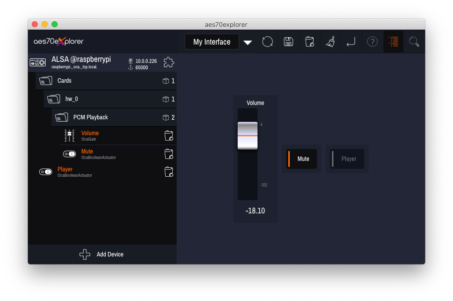 AES70 Explorer controlling the Raspberry Pi ALSA Sound Card Drive